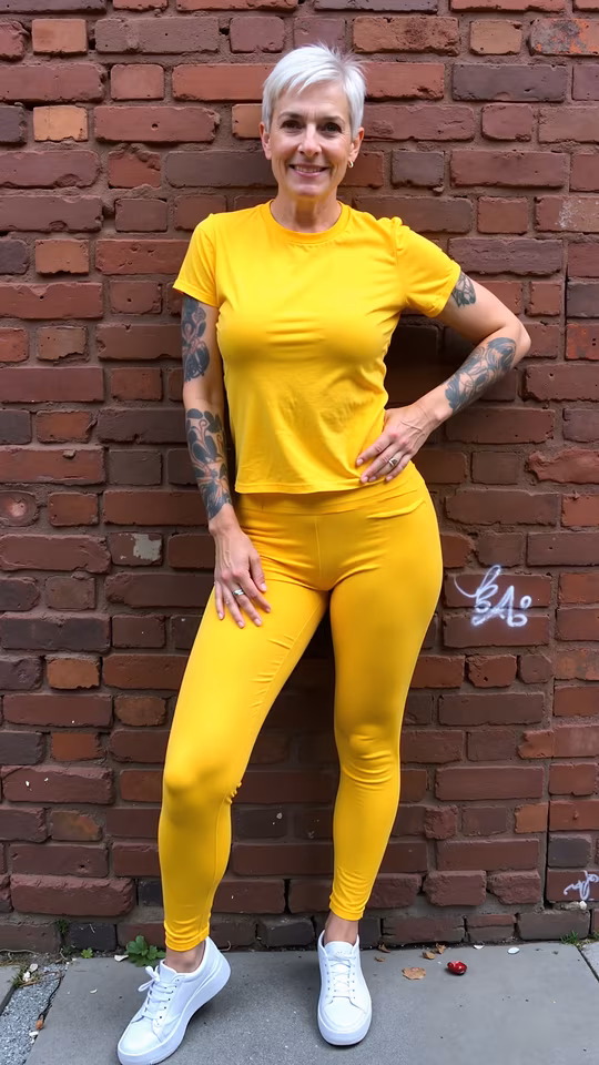 Bright Yellow Outfit Against Brick Wall