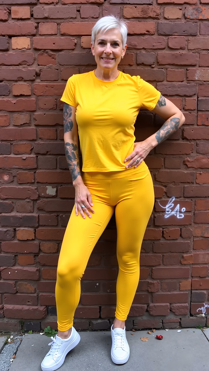 Bold yellow outfit against rustic brick backdrop.