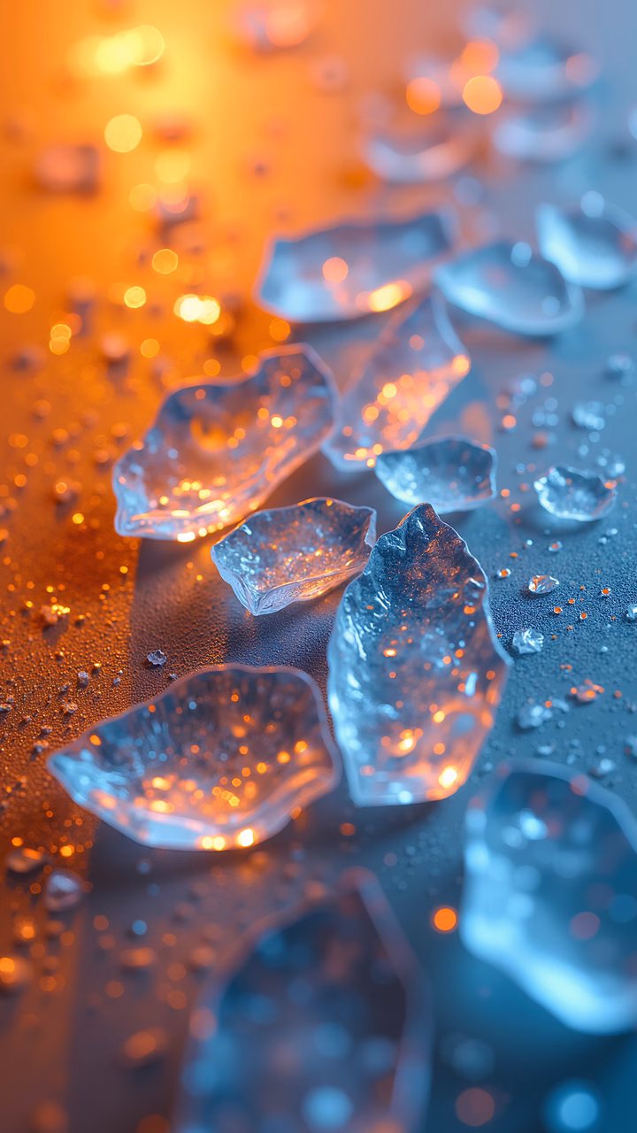 Close-up of shattered glass reflecting warm orange tones and cool blue hues.