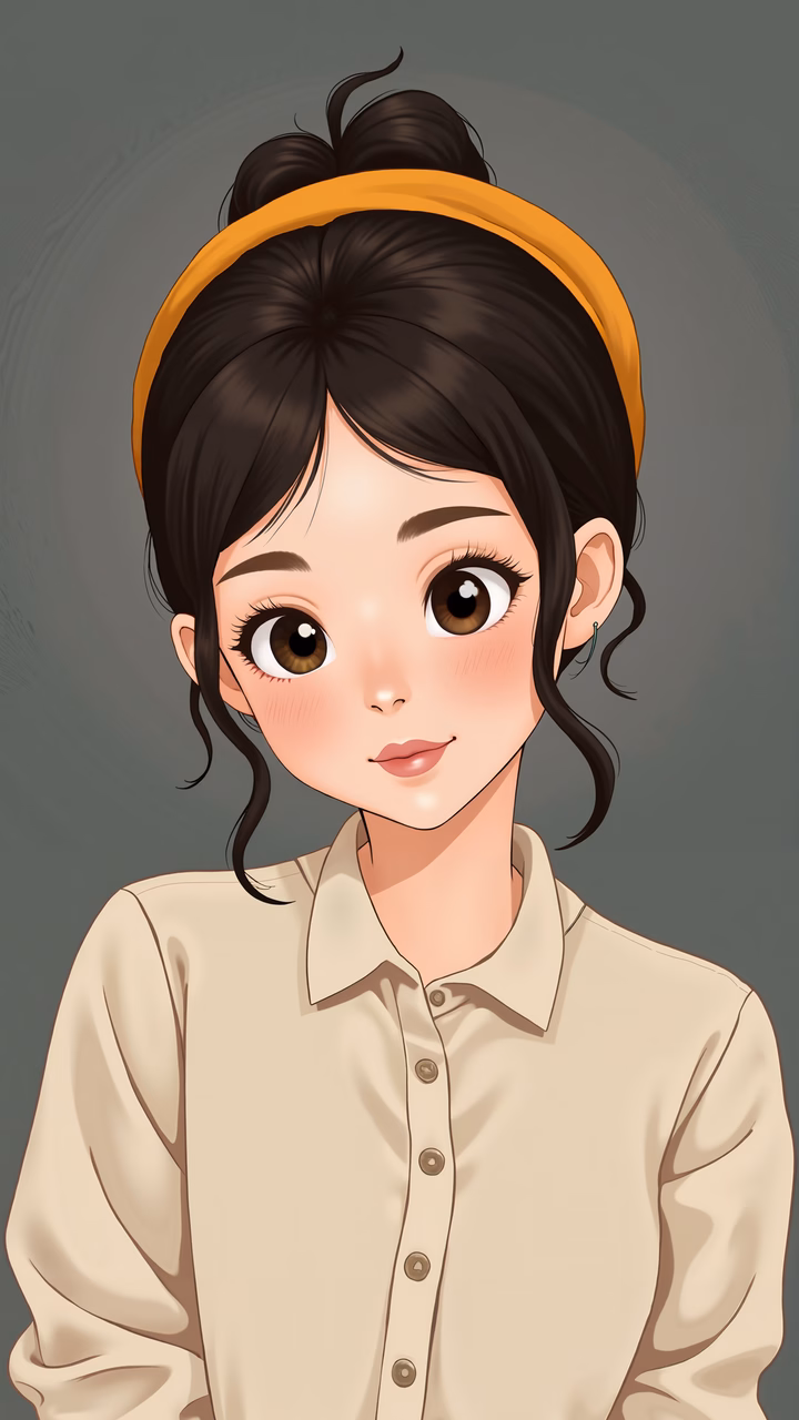 A cute cartoon girl with a bun and yellow headband, exuding warmth and friendliness.