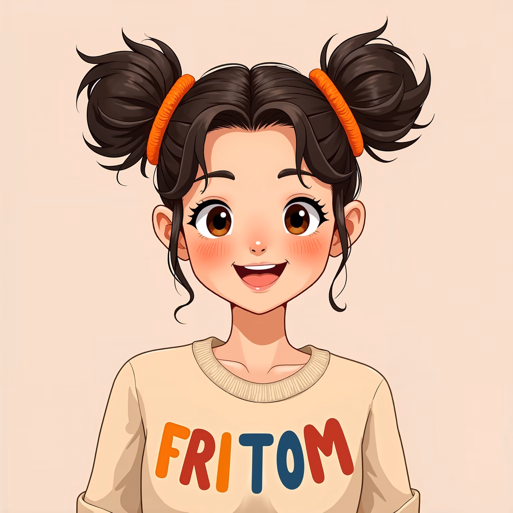 Whimsical cartoon girl with pigtails and cheerful expression.