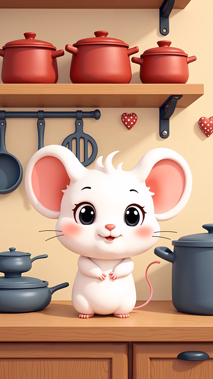 A cute cartoon mouse in a cozy kitchen setting, perfect for children's art.
