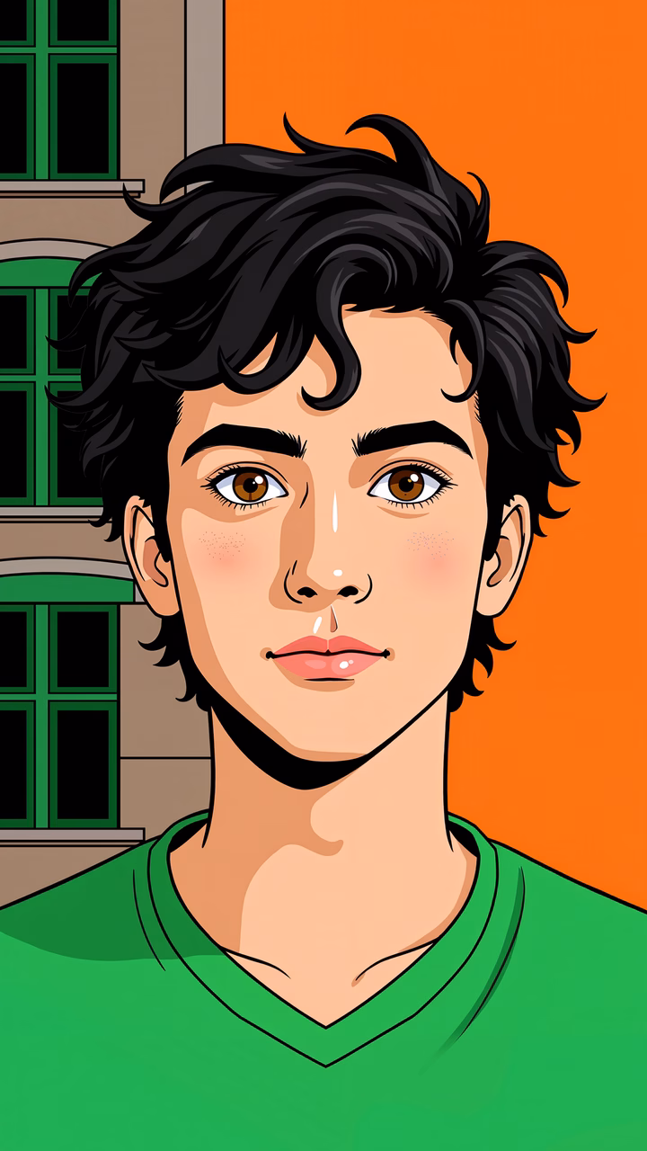 Vibrant cartoon portrait of a young man with expressive eyes and a bright green shirt against an orange backdrop.