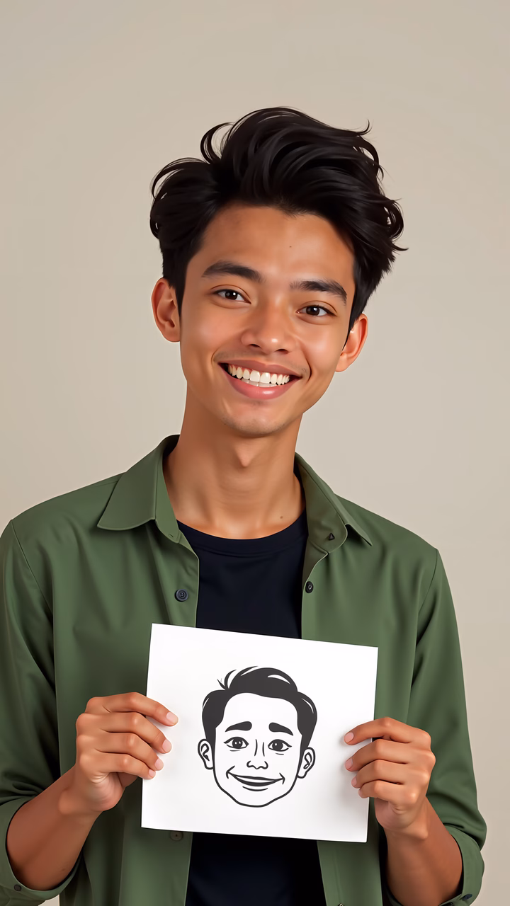 Cheerful young man holding a cartoon self-portrait against a neutral backdrop.