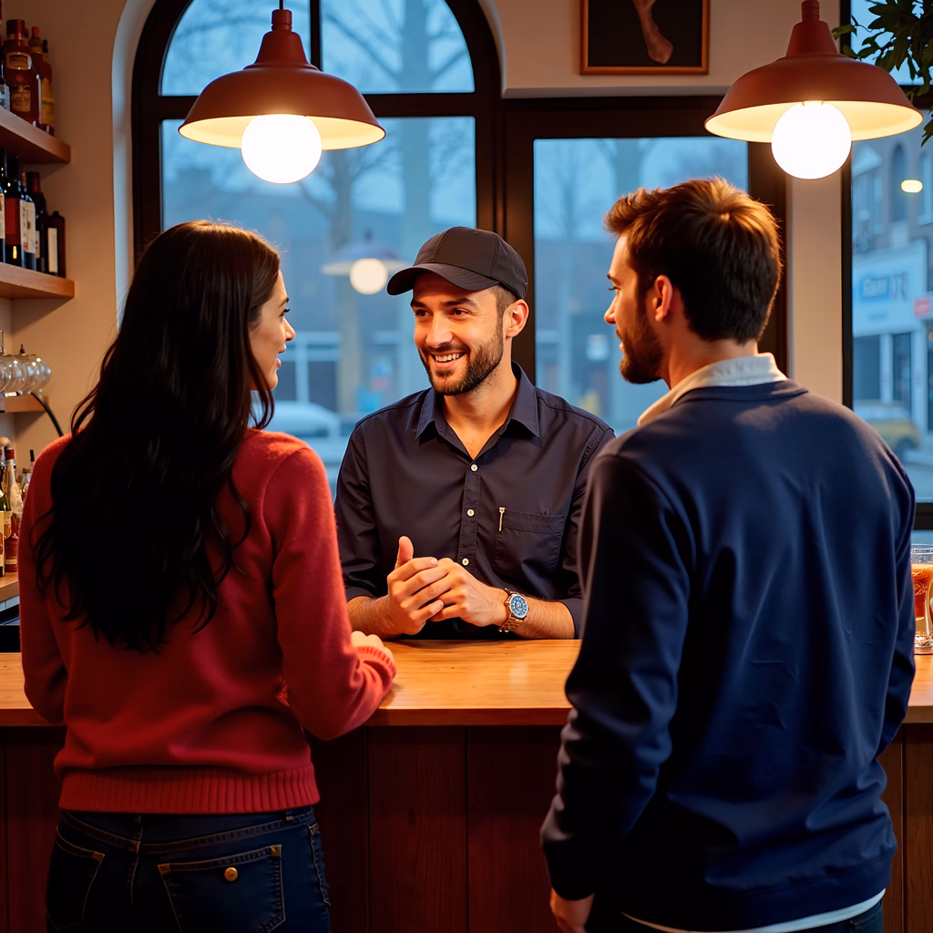 Three friends enjoying a casual chat in a warmly lit bar.