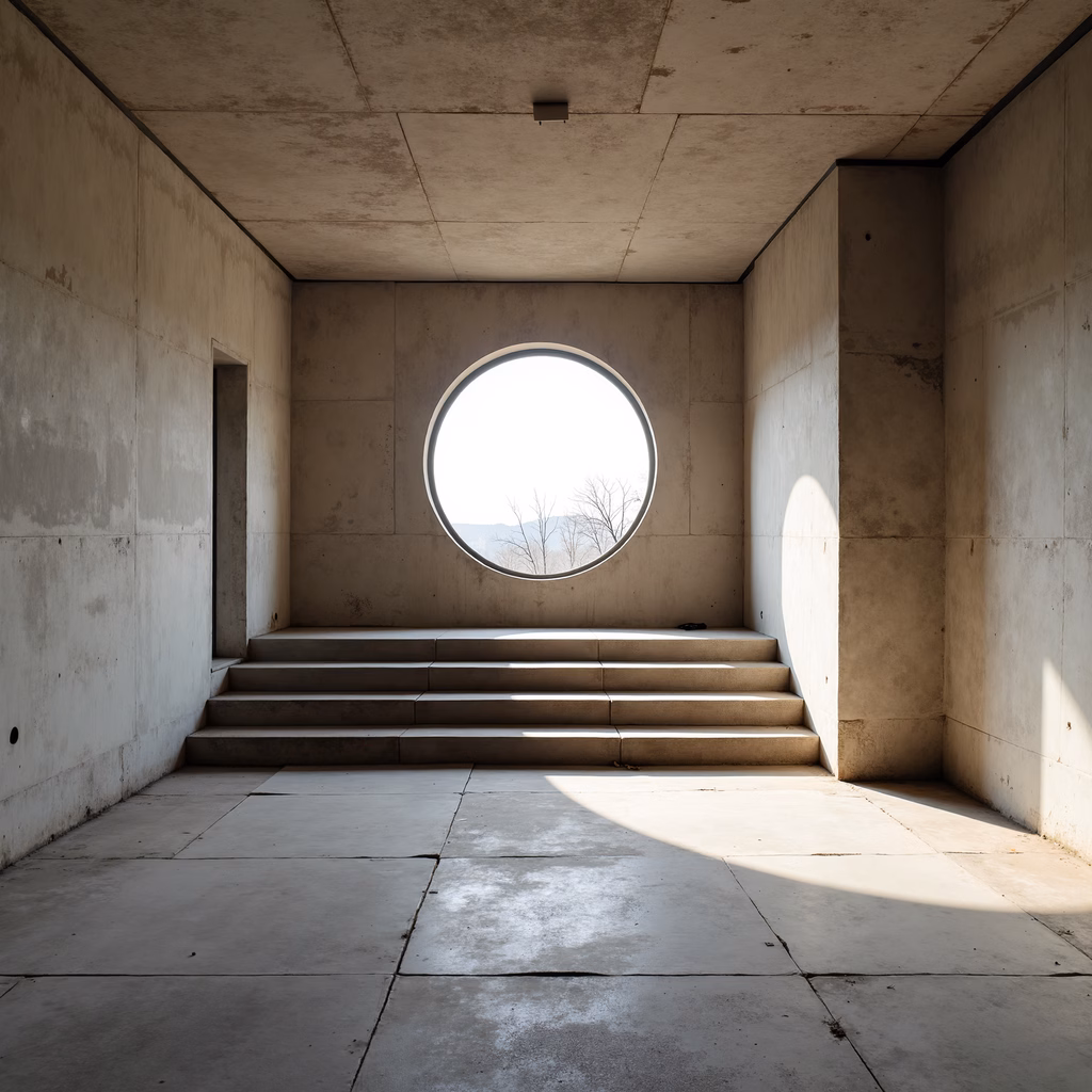 Minimalist concrete interior with a circular window overlooking a bright sky and distant trees.
