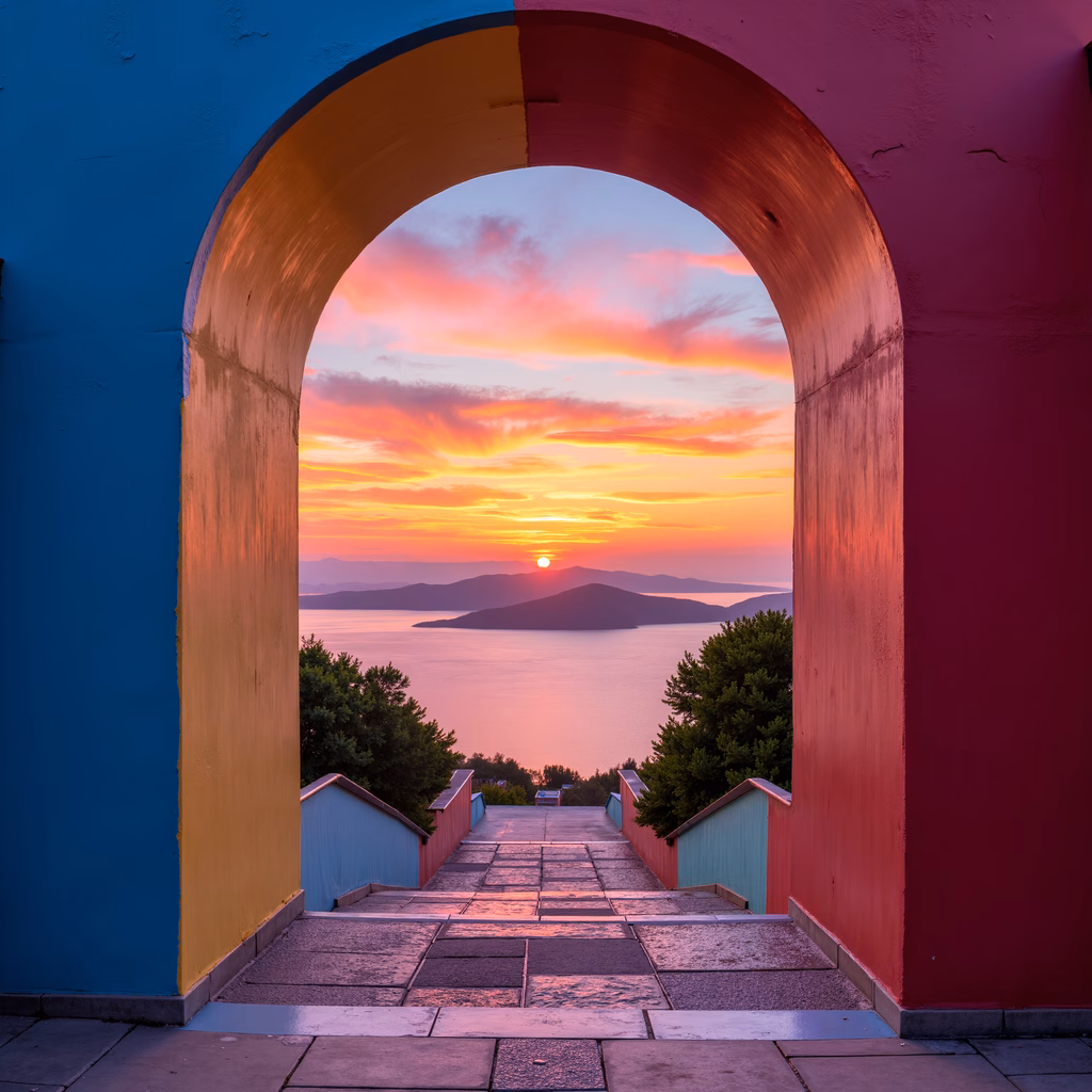 Vibrant archway framing a beautiful sunset over the sea and hills.