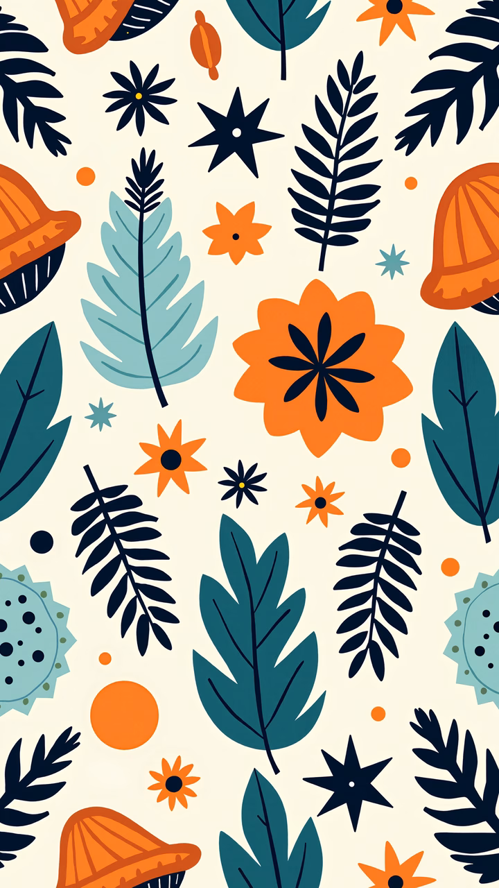 Bright, colorful botanical illustration featuring leaves, flowers, and acorns on a neutral background.