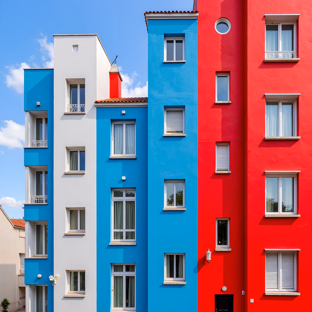 Vibrant primary colors on residential building facades create a cheerful and energetic atmosphere.