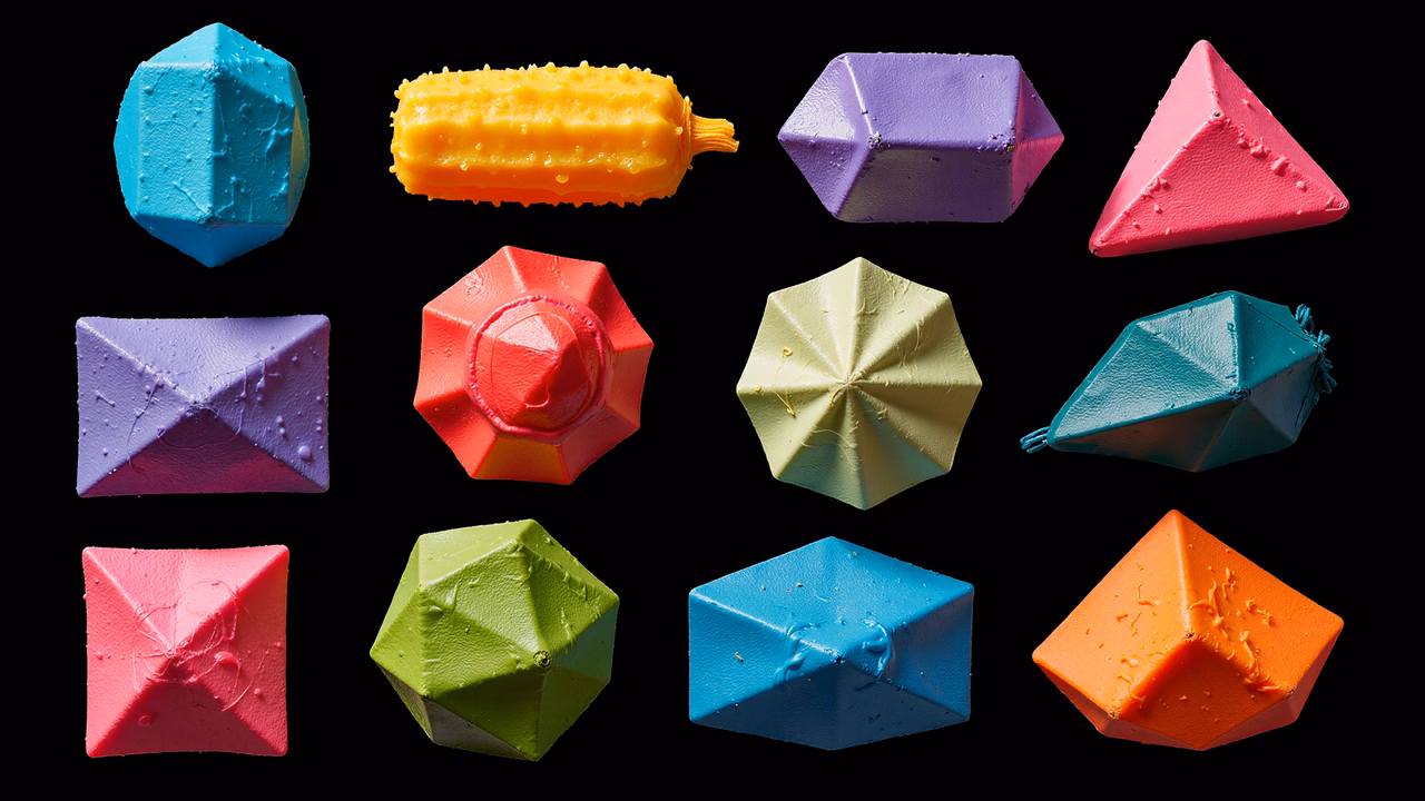 Vibrant geometric shapes in bold primary colors on a black background.