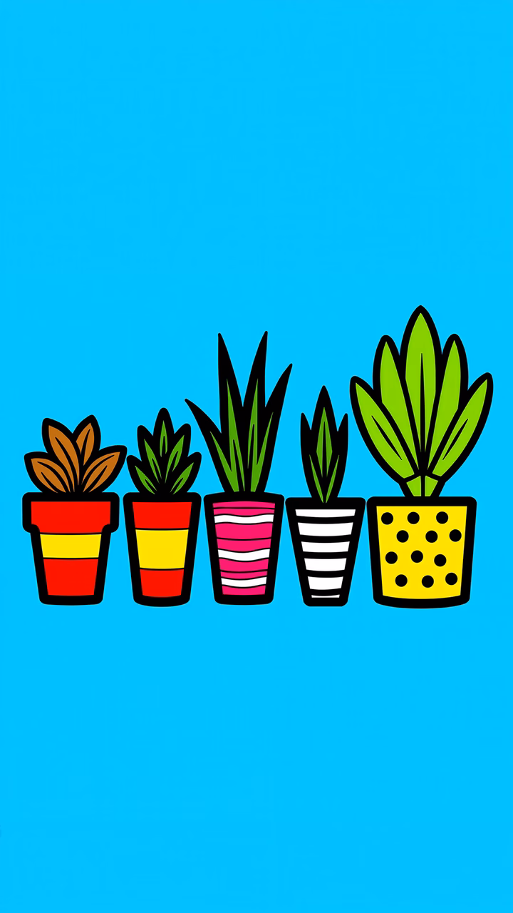 Brightly colored potted plants on a blue background, showcasing playful design patterns.
