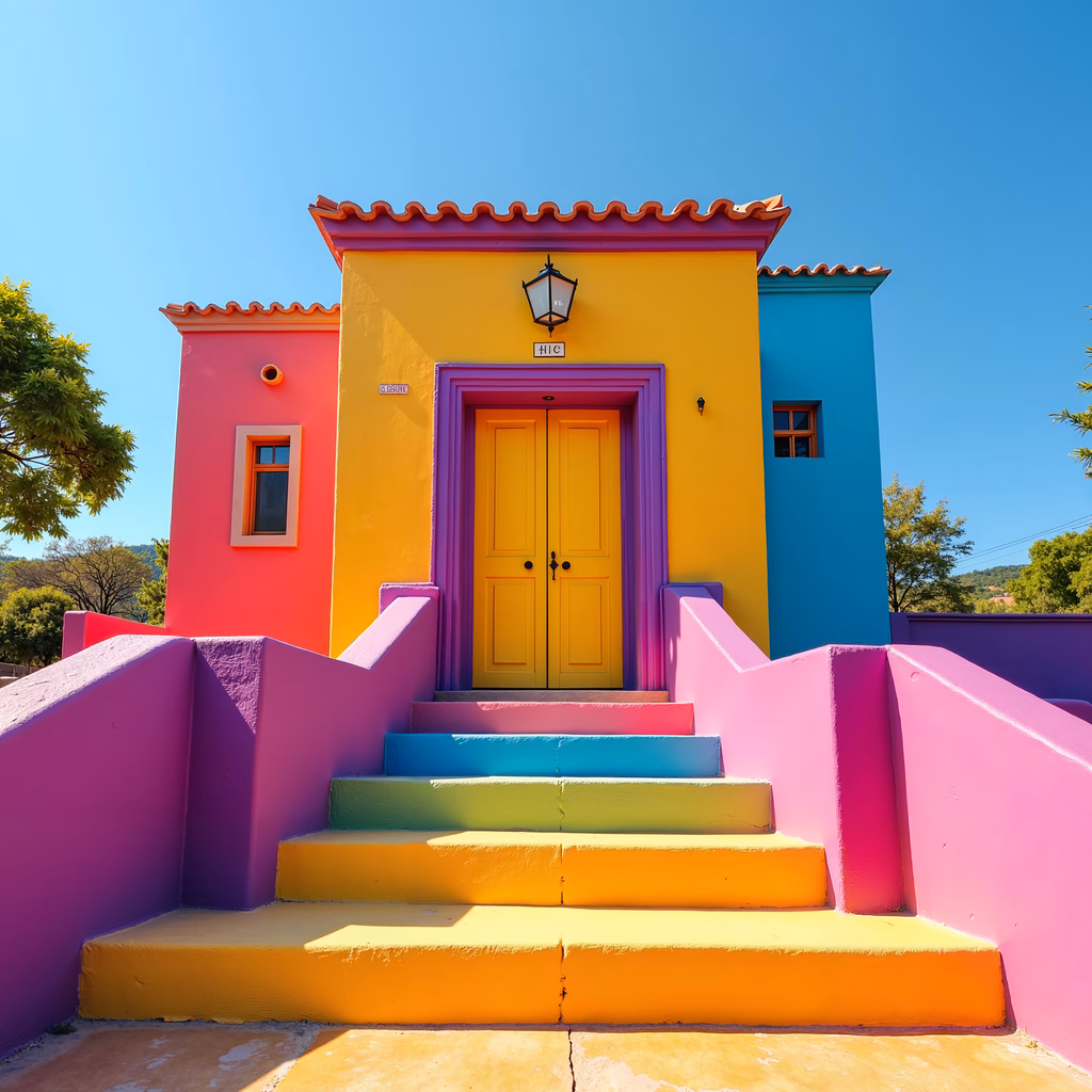 Vibrant rainbow-colored house with playful steps under sunny skies.