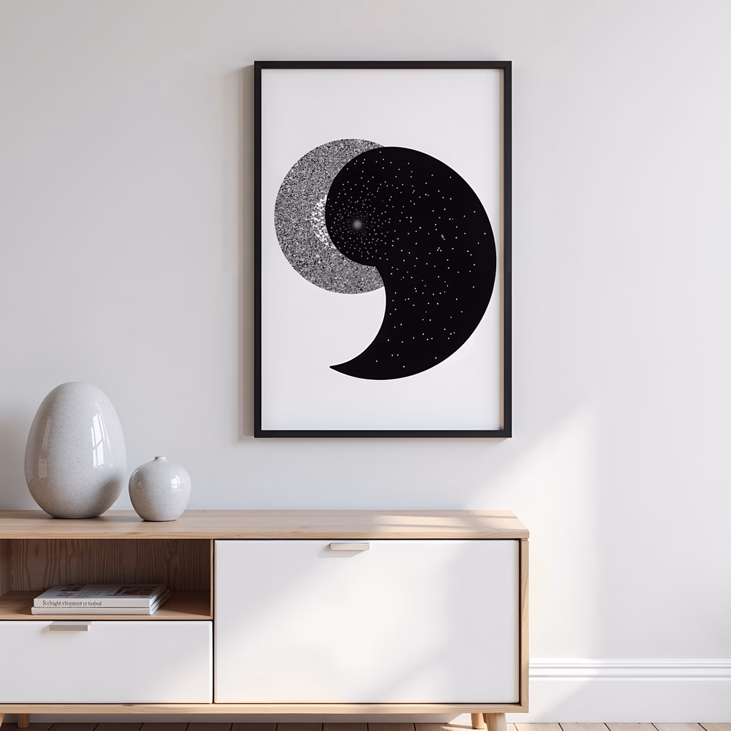 Minimalist black comma on textured gray circle, serene and modern.