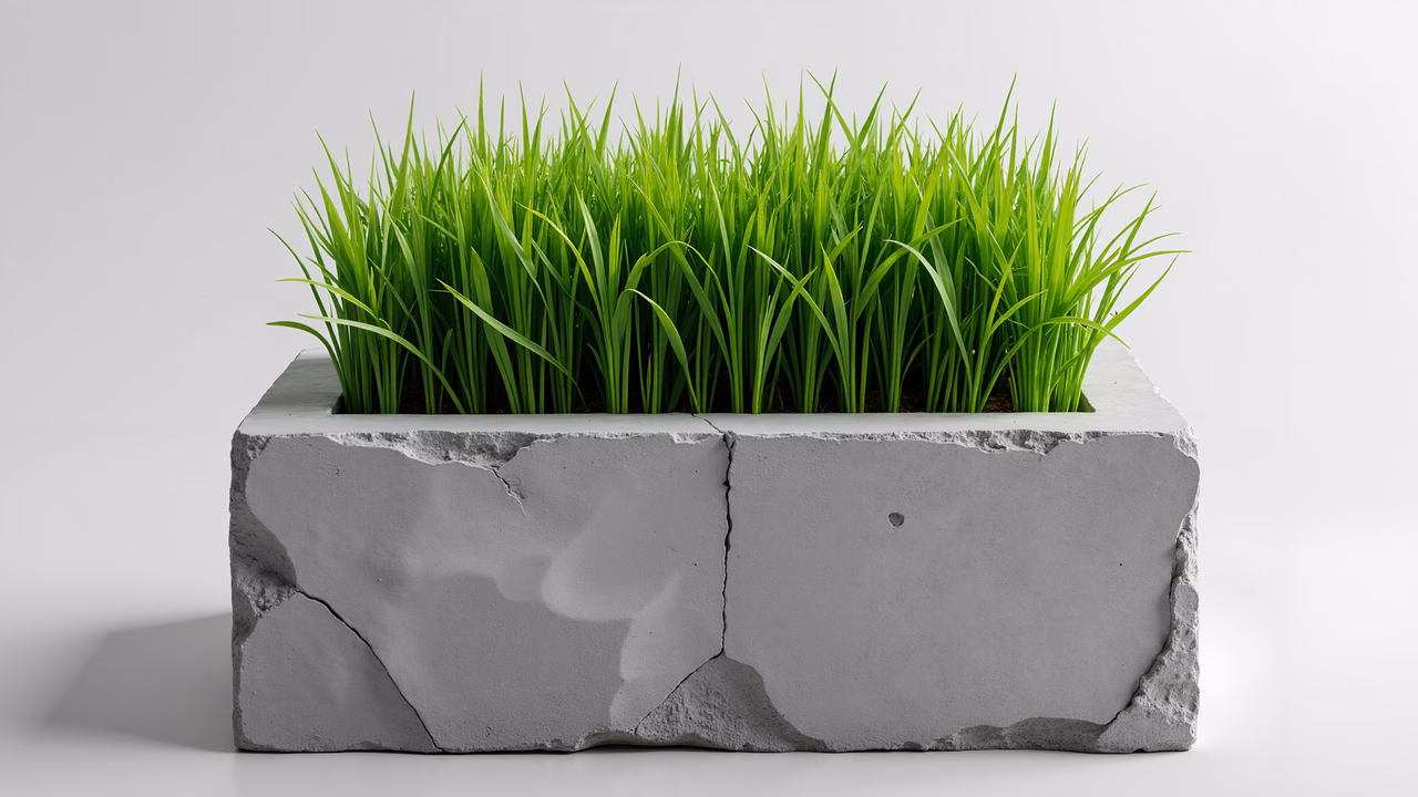 A concrete planter filled with vibrant green grass on a minimalist background.
