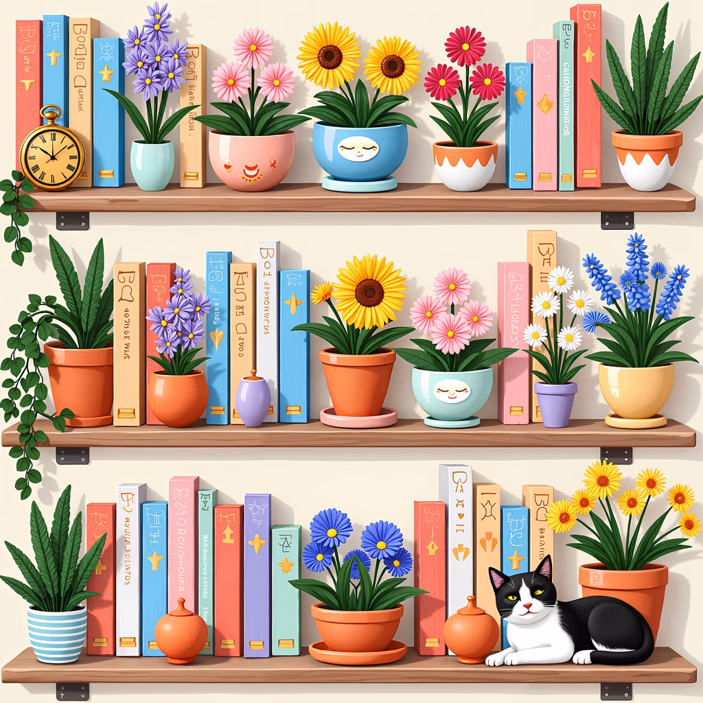 A cozy bookshelf filled with colorful books and potted plants, featuring a black and white cat lounging on one of the shelves.