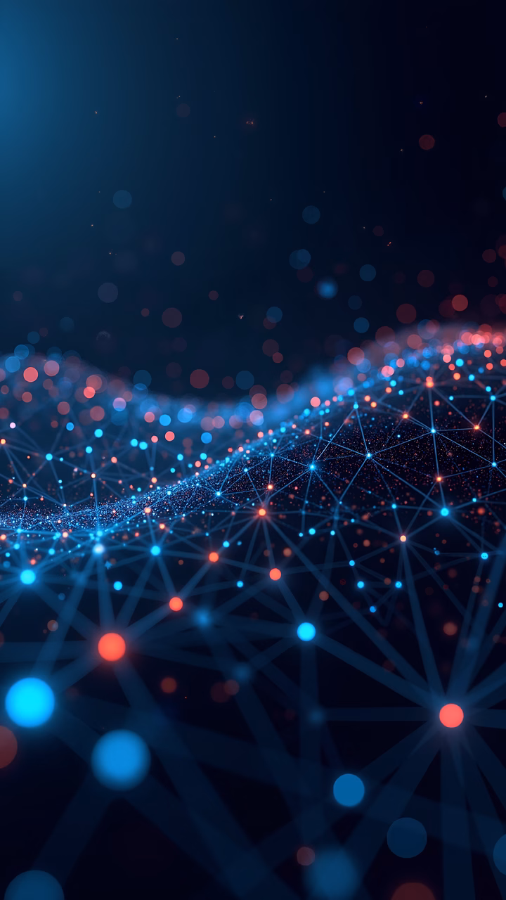 Vibrant digital network illustration with complex connections and futuristic bokeh.
