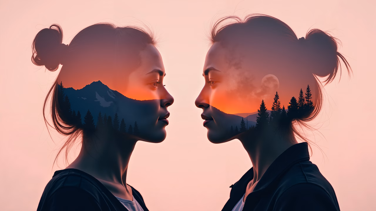 Double exposure portrait of two individuals with mountainous landscapes integrated into their silhouettes, set against warm orange and pink tones.