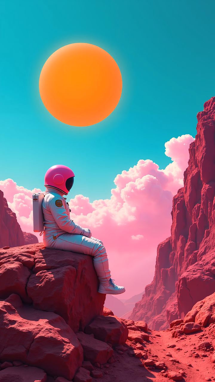 Astronaut in pink helmet gazes at oversized sun, surreal landscape.