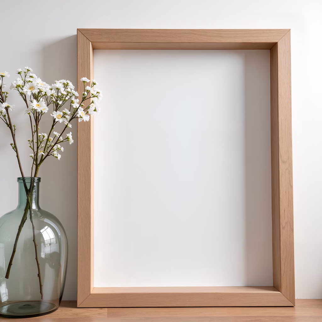 Minimalist interior with empty frame and flowers, serene and elegant.