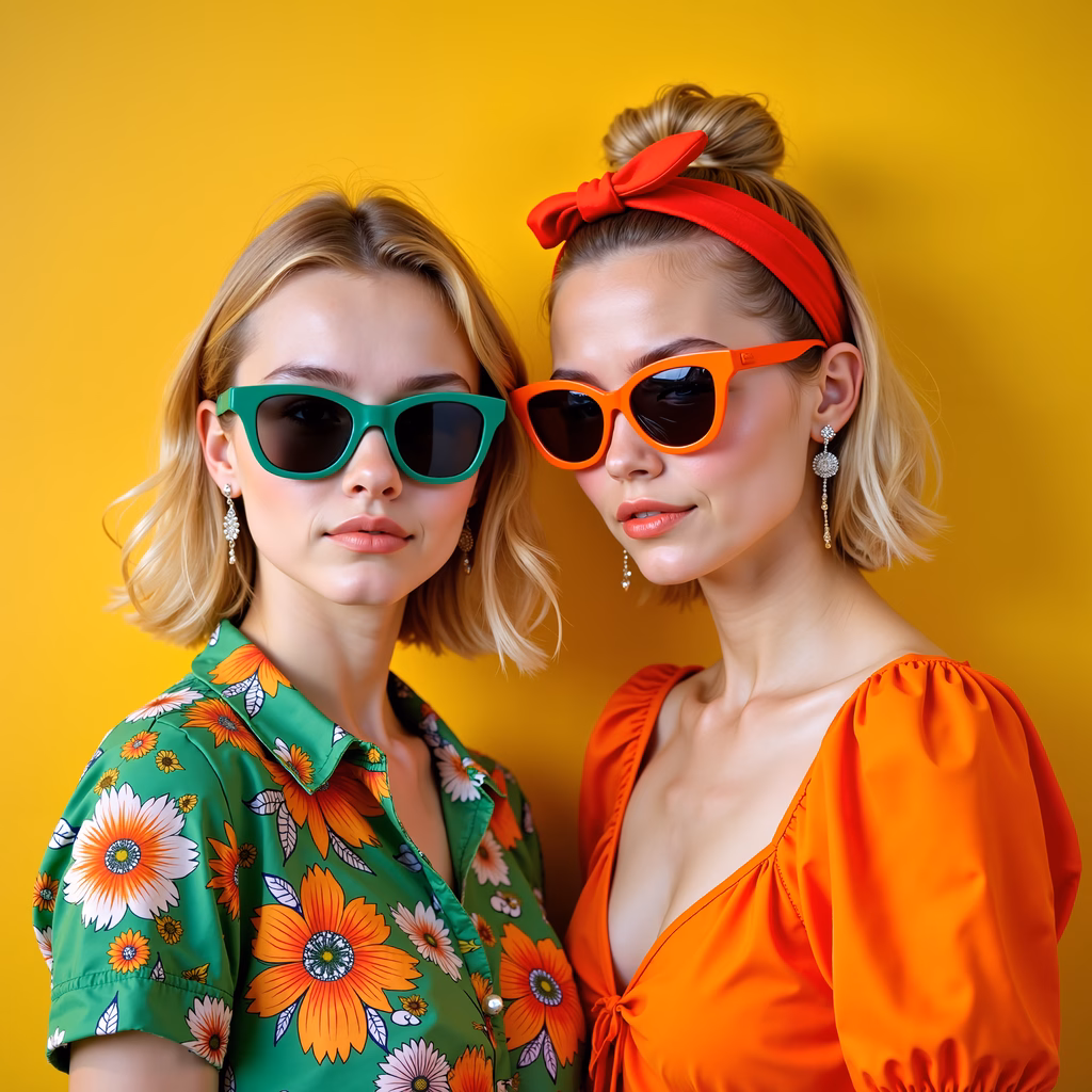 Bright twins in colorful fashion against a yellow background.