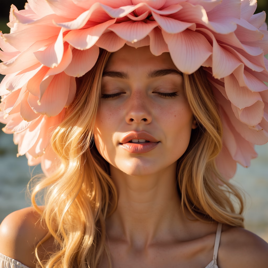 A peaceful moment captured with a floral crown and soft sunlight.