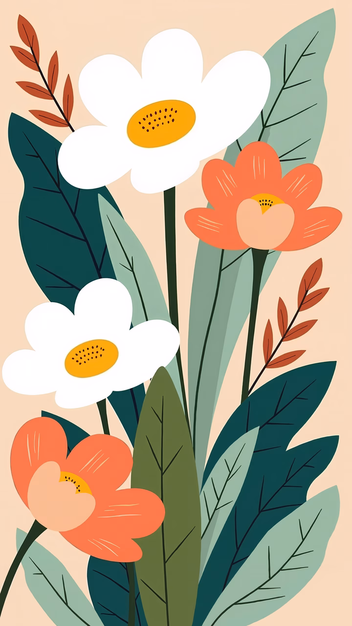 A charming floral illustration with pastel colors and lush greenery.