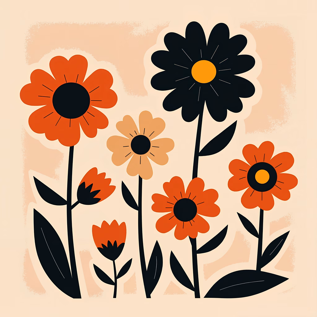 Vibrant floral illustration with bold colors and simple design.
