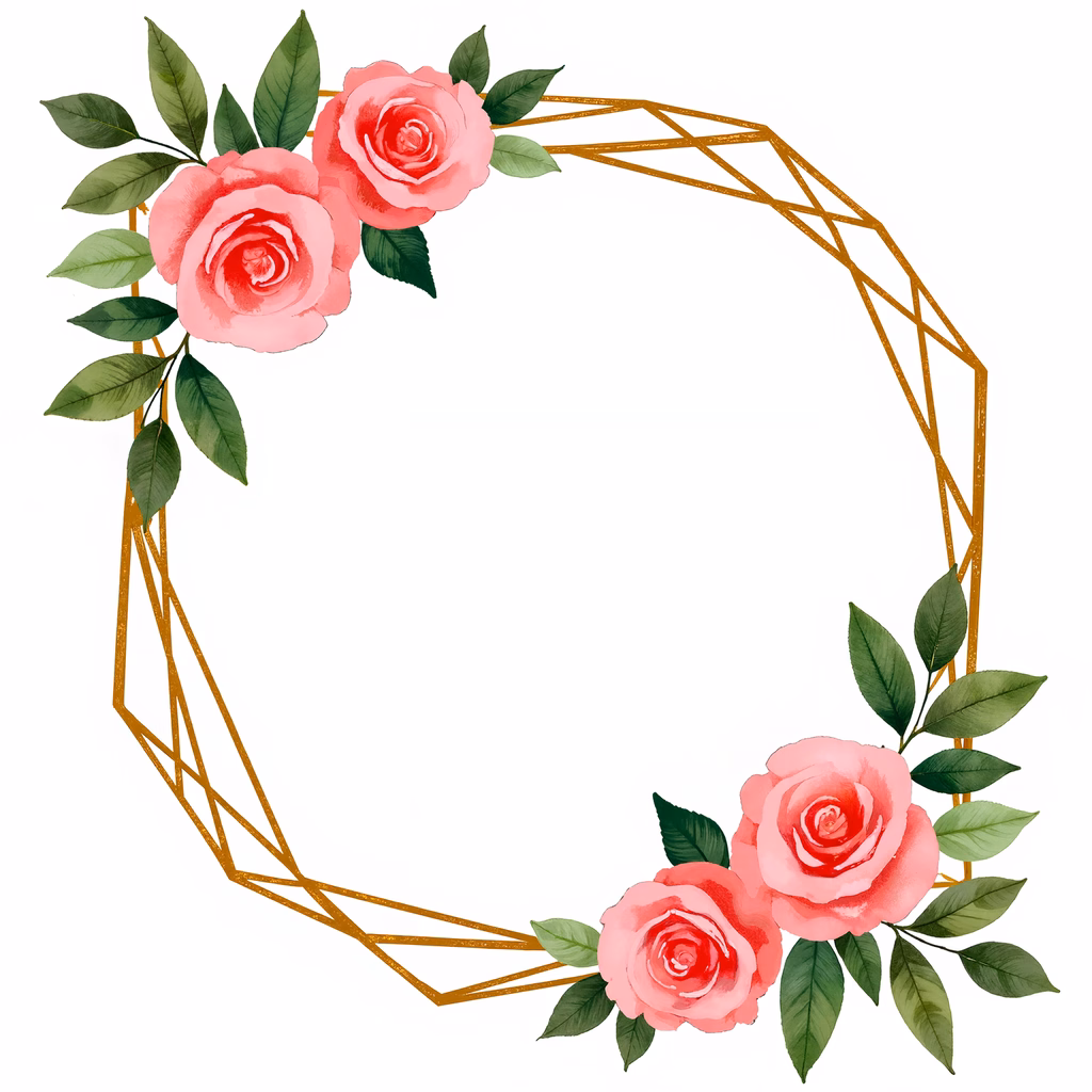 Elegant floral wreath design with pink roses and green leaves on a gold geometric frame.
