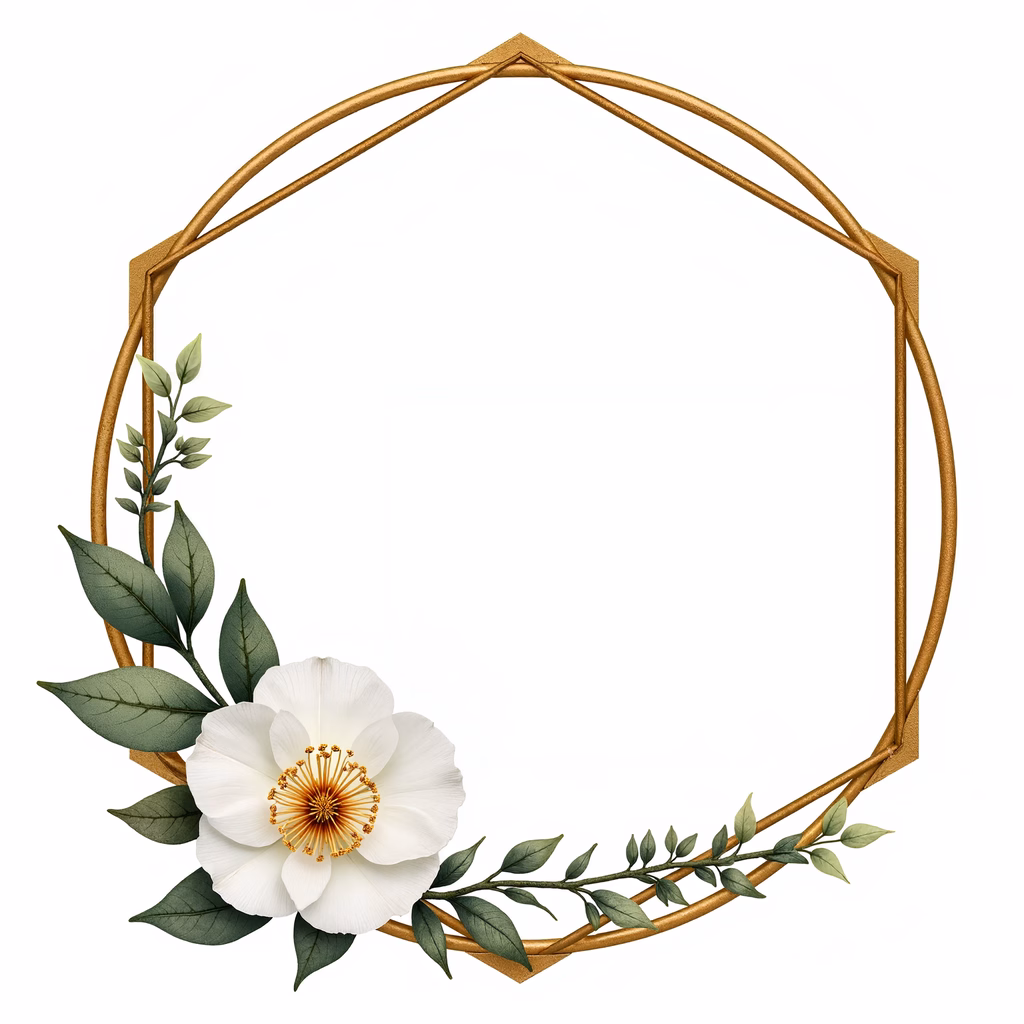 Elegant floral wreath with geometric gold frame, perfect for interior decor.