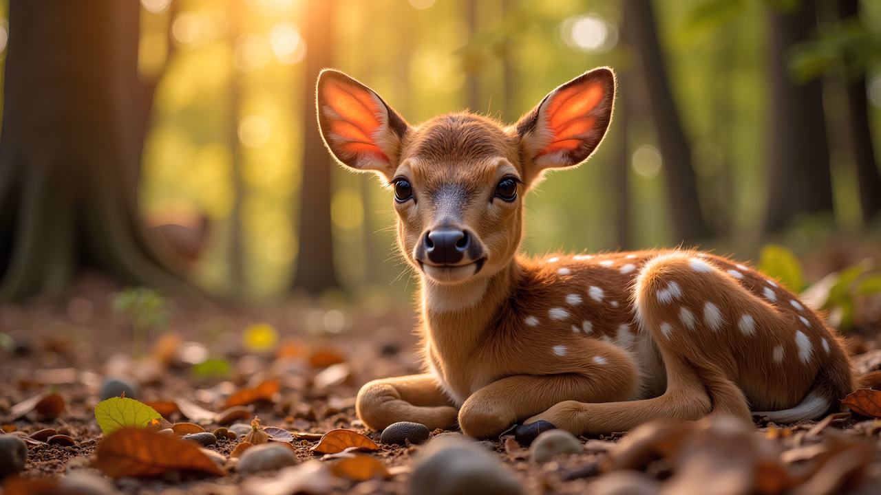 Close-up of a fawn resting in a forest, bathed in warm sunlight.