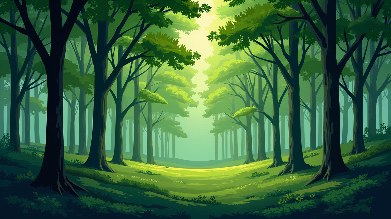 A tranquil forest path in a cartoon-style illustration.