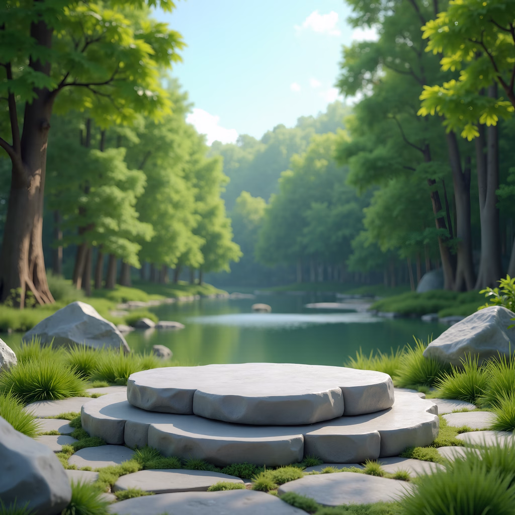 A peaceful forest scene with a circular stone platform and vibrant greenery.