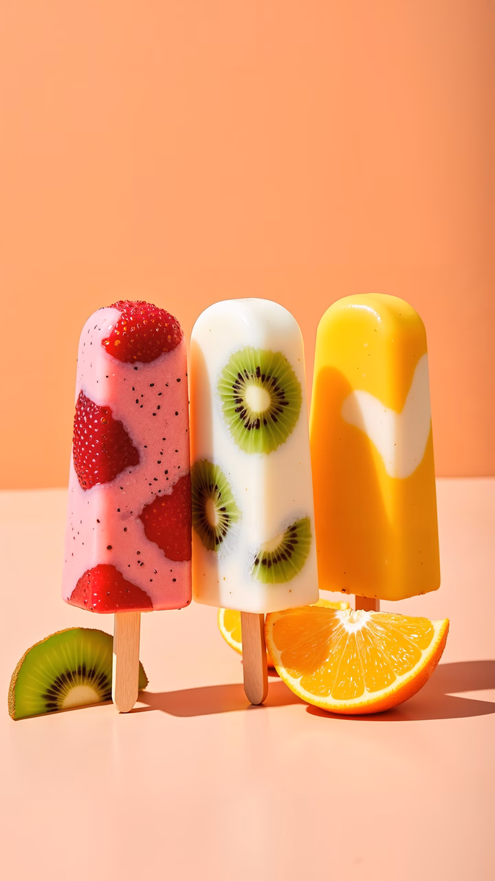 Brightly colored fruit popsicles with fresh toppings on a peach background.