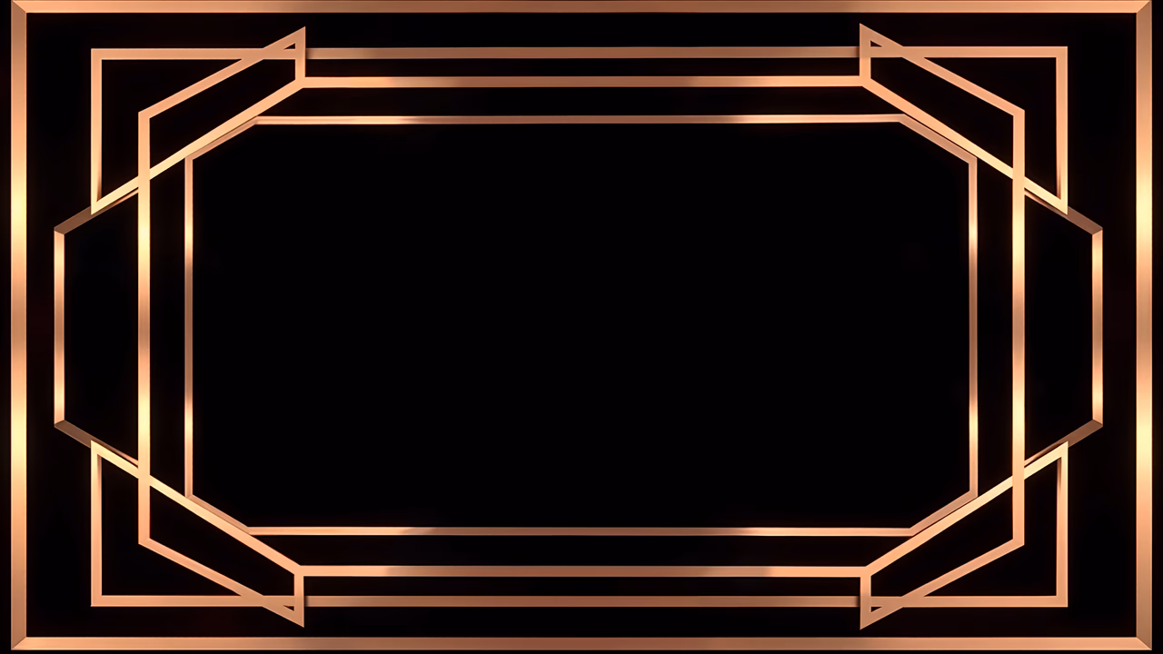 Bold geometric copper frame on a black background, Art Deco inspired.