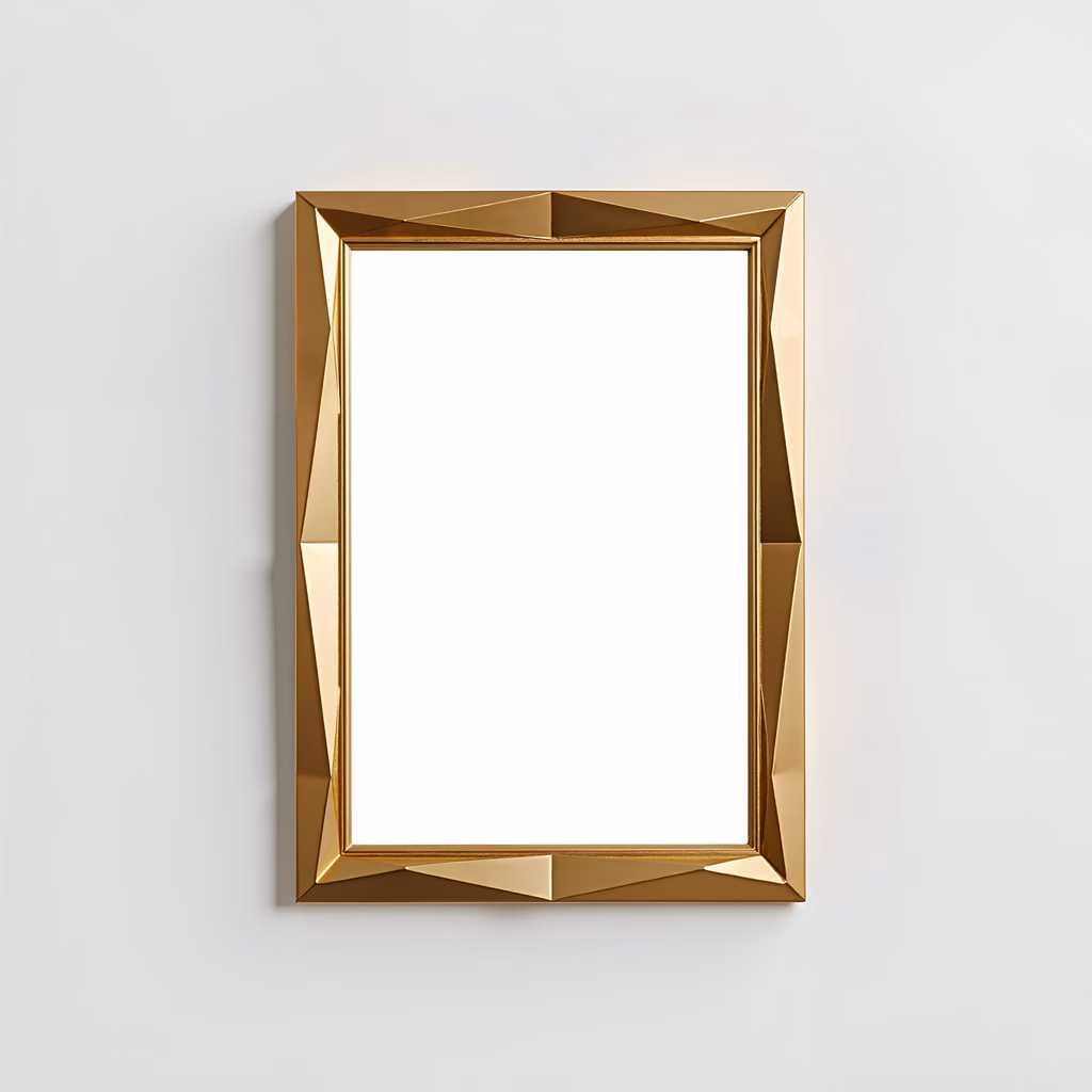 Modern, geometric gold frame on a minimalist background.