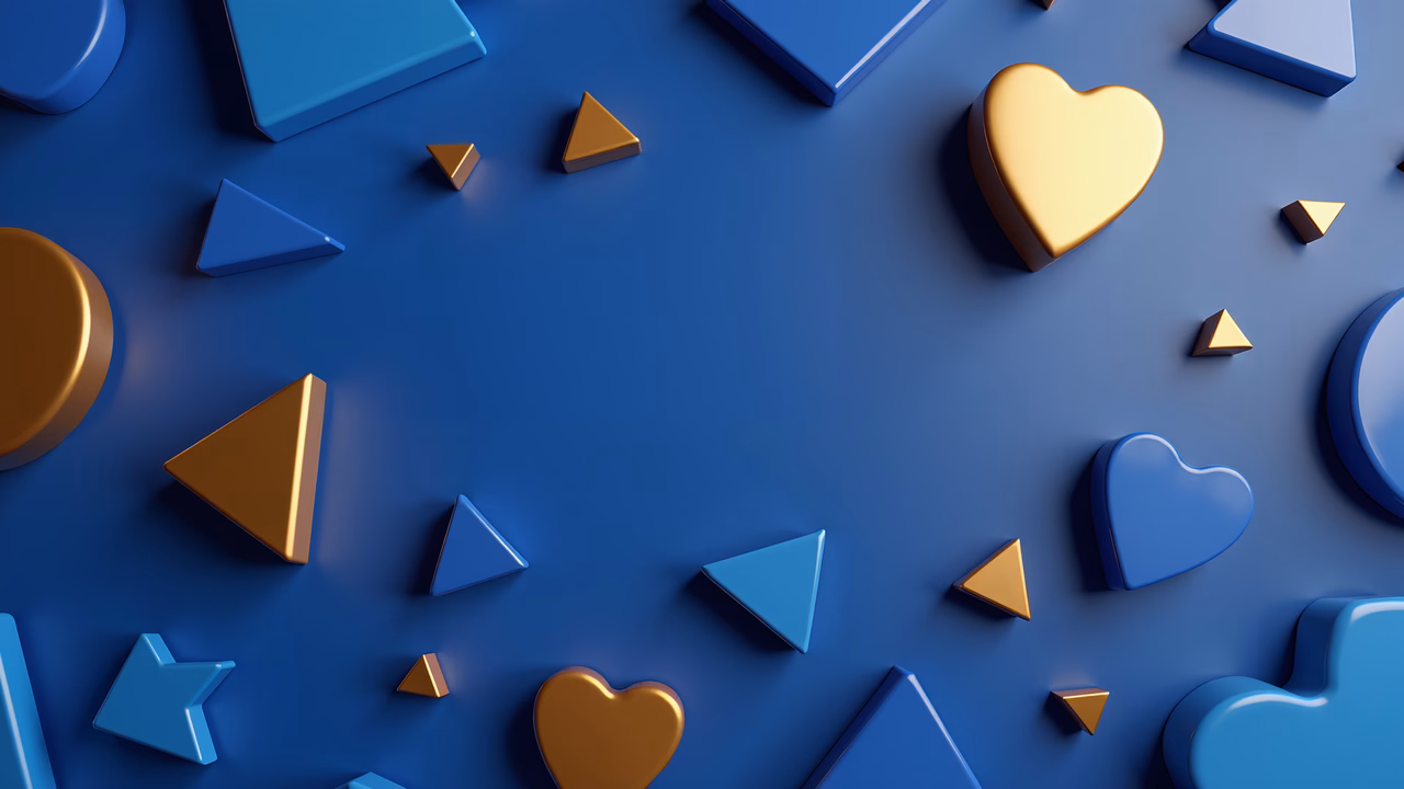 Playful geometric shapes in blue and gold hues on a smooth background.