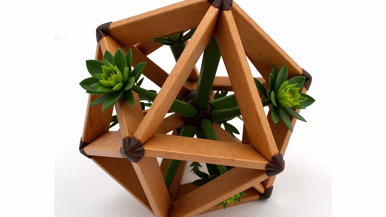 A geometric succulent planter made from wooden slats, showcasing modern minimalism.