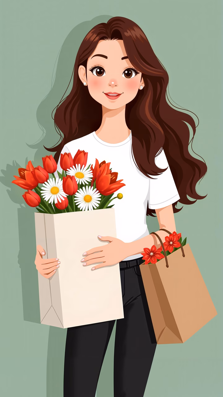 A joyful girl holding flowers and shopping bags, dressed casually in a white T-shirt and black pants, set against a soft green backdrop.
