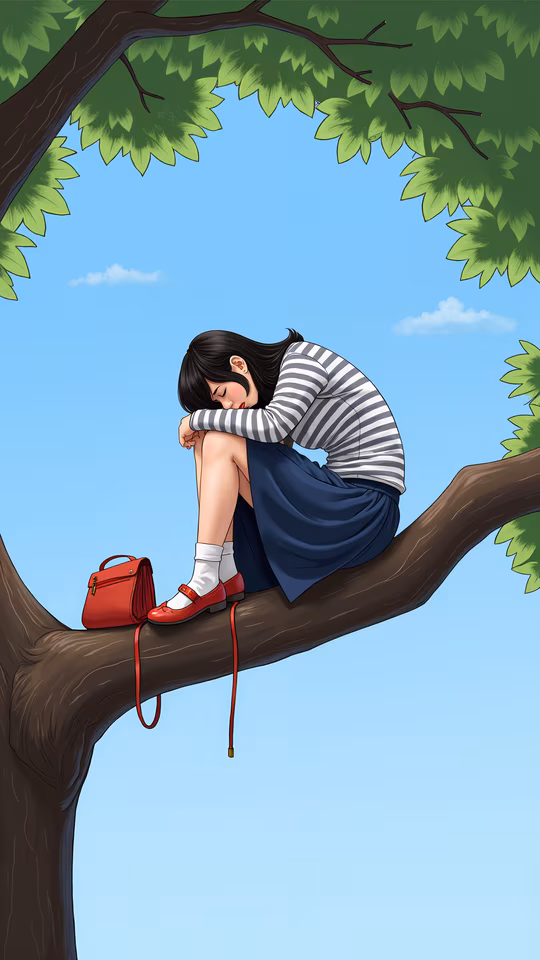 Girl Sleeping on Tree Branch