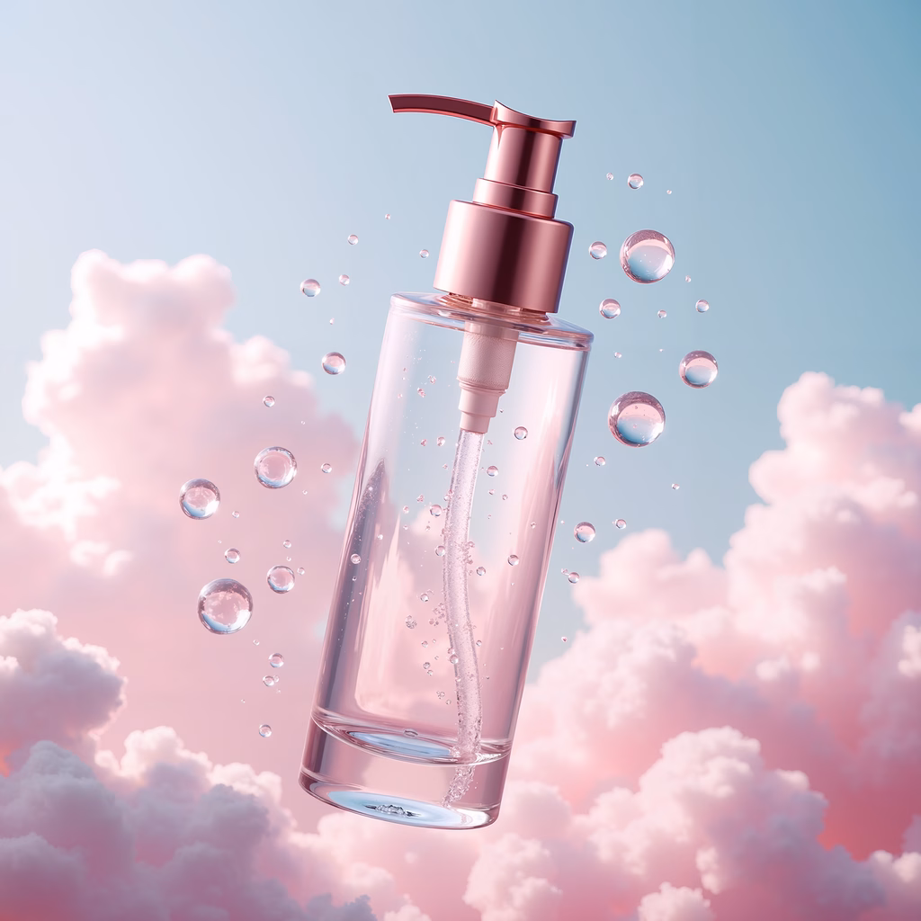 Glass bottle dispenser with bubbles in a dreamy sky setting.