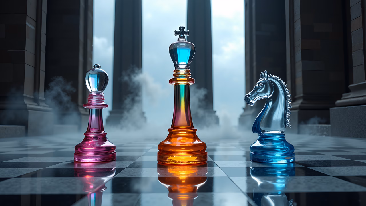 Colorful glass chess pieces on a reflective board against a dramatic backdrop.