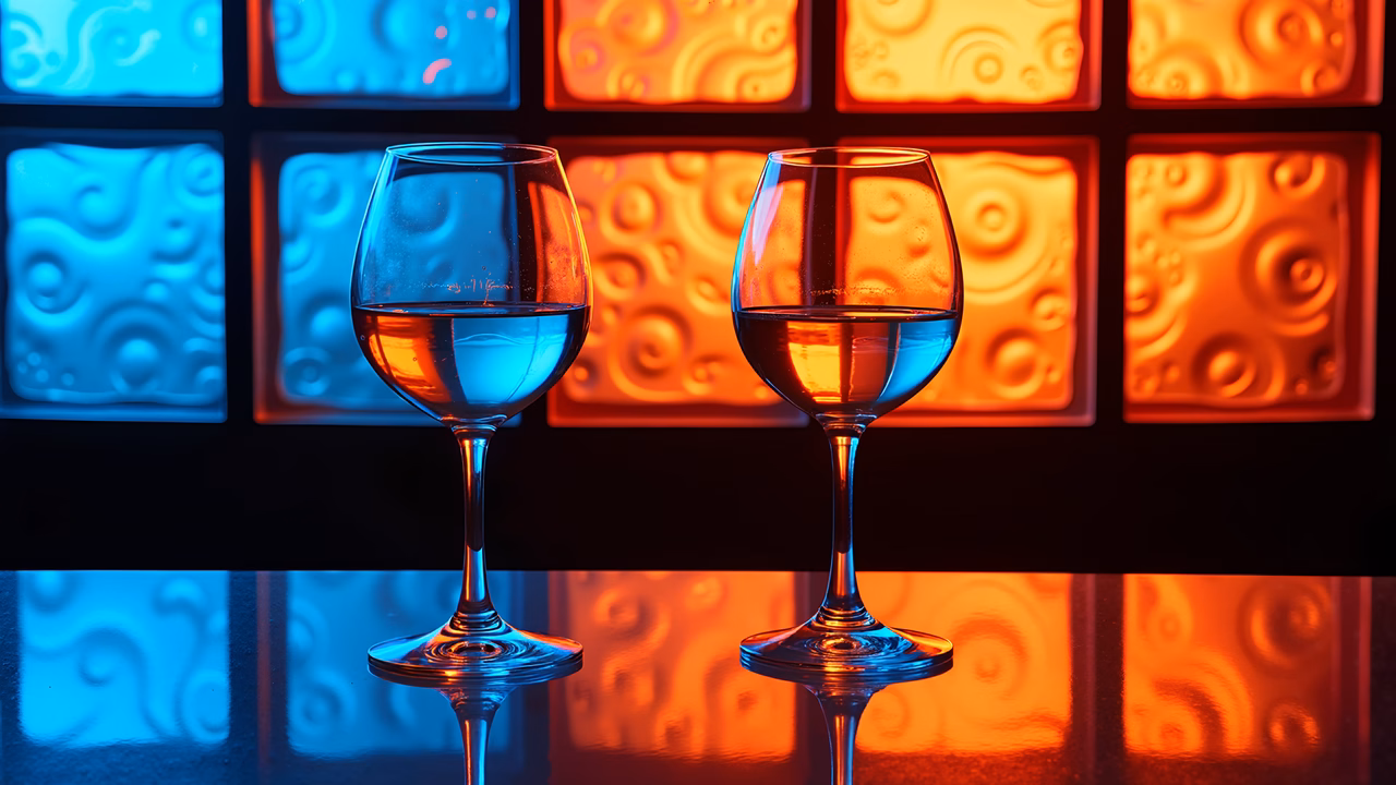 Elegant wine glasses against a vibrant stained glass backdrop, creating a serene and sophisticated atmosphere.