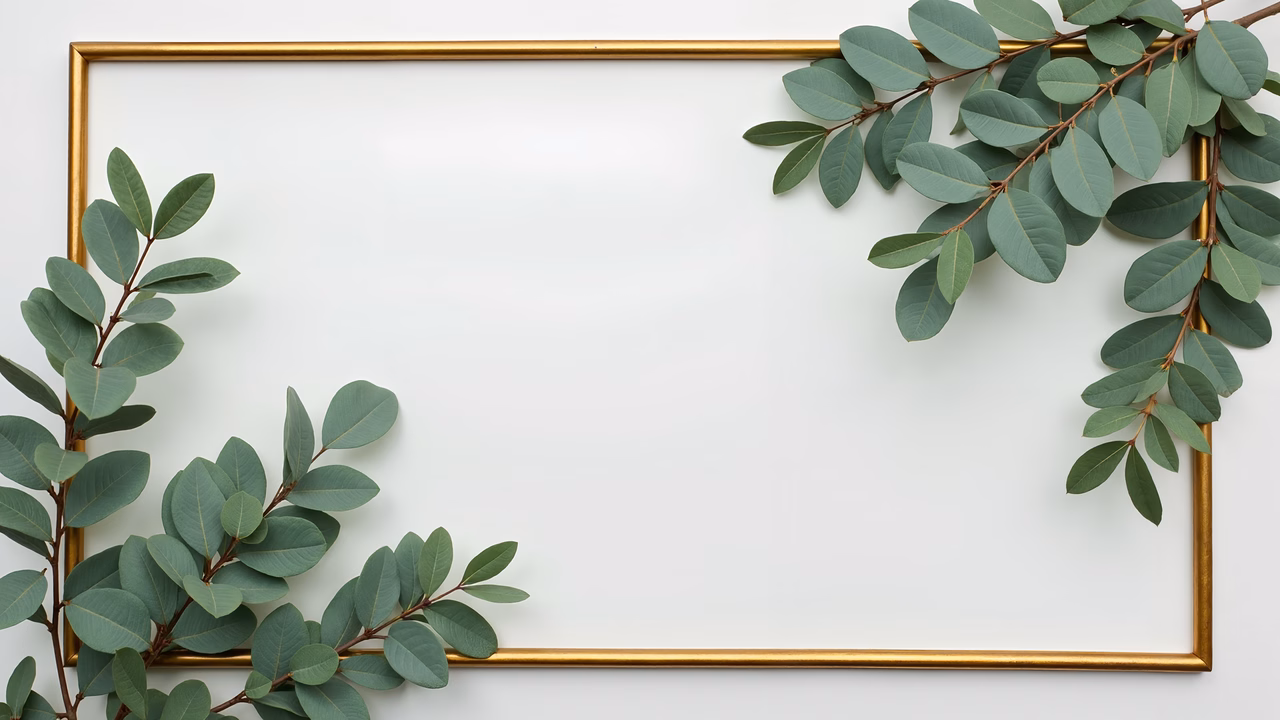 Elegant gold frame with green leaf border on a white background.