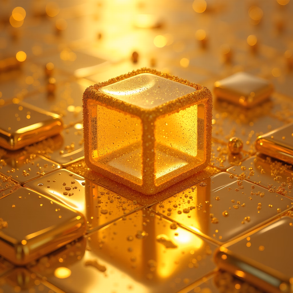 Golden cube surrounded by reflective cubes, evoking luxury and sophistication.