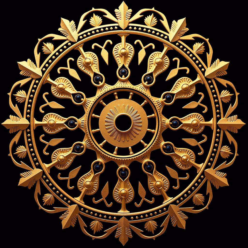 Symmetrical golden mandala design with luxurious details on a black background.