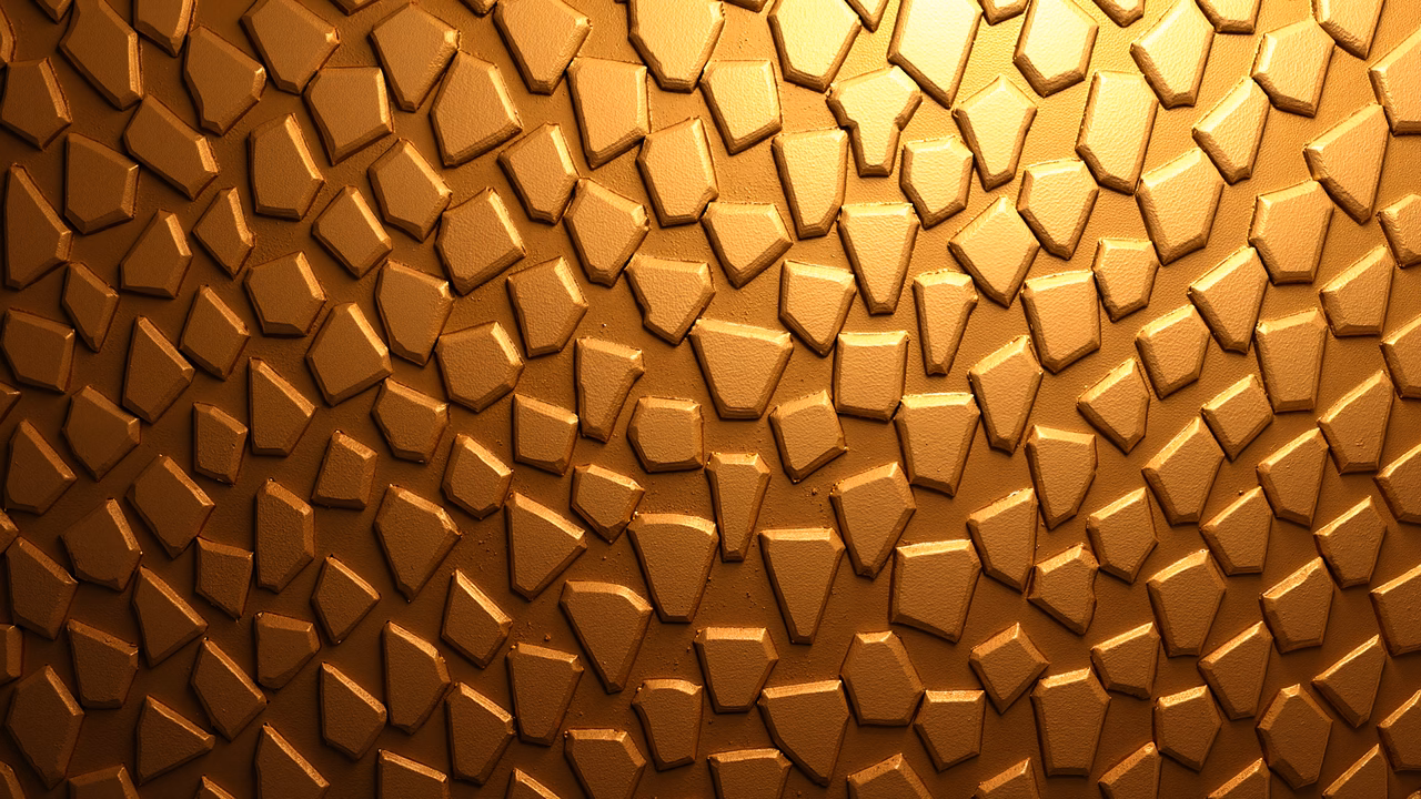 Abstract golden mosaic pattern with varying shapes and sizes.