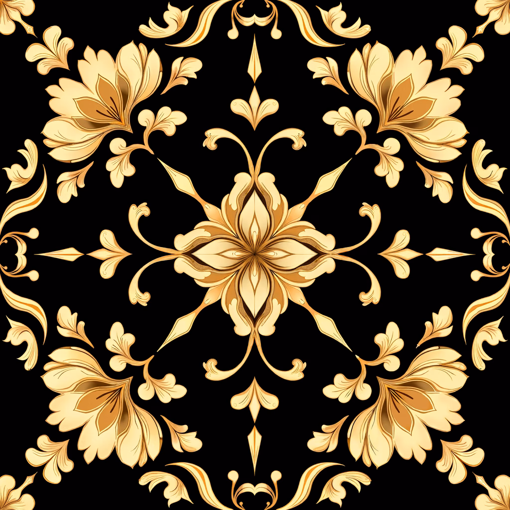Symmetrical golden ornamental design on a black background