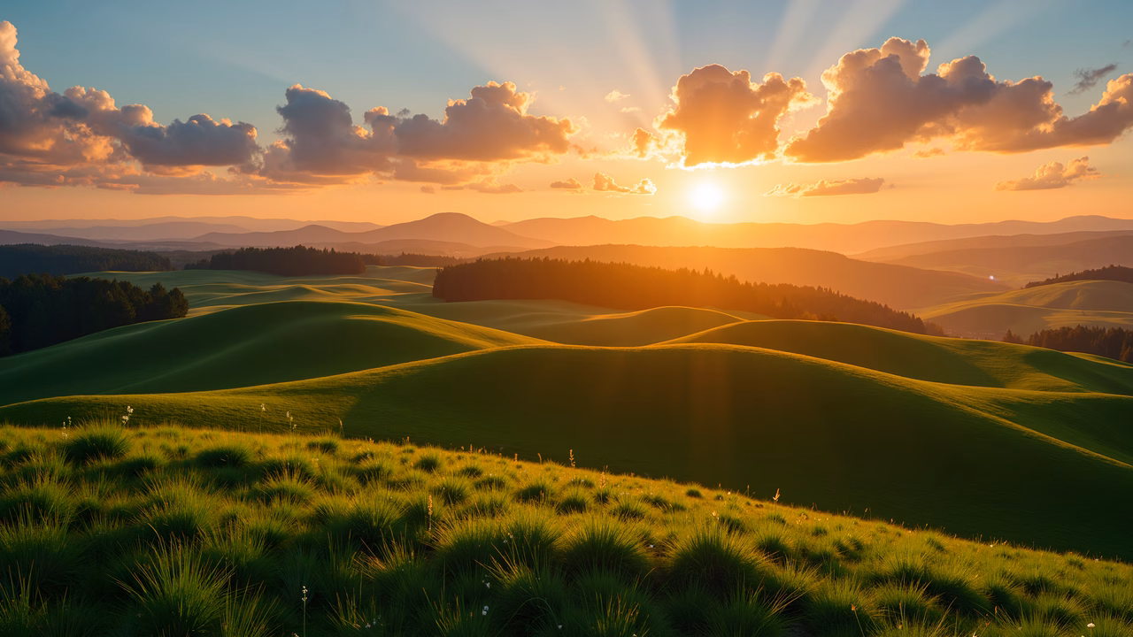 Serene sunset over rolling hills and green grass.