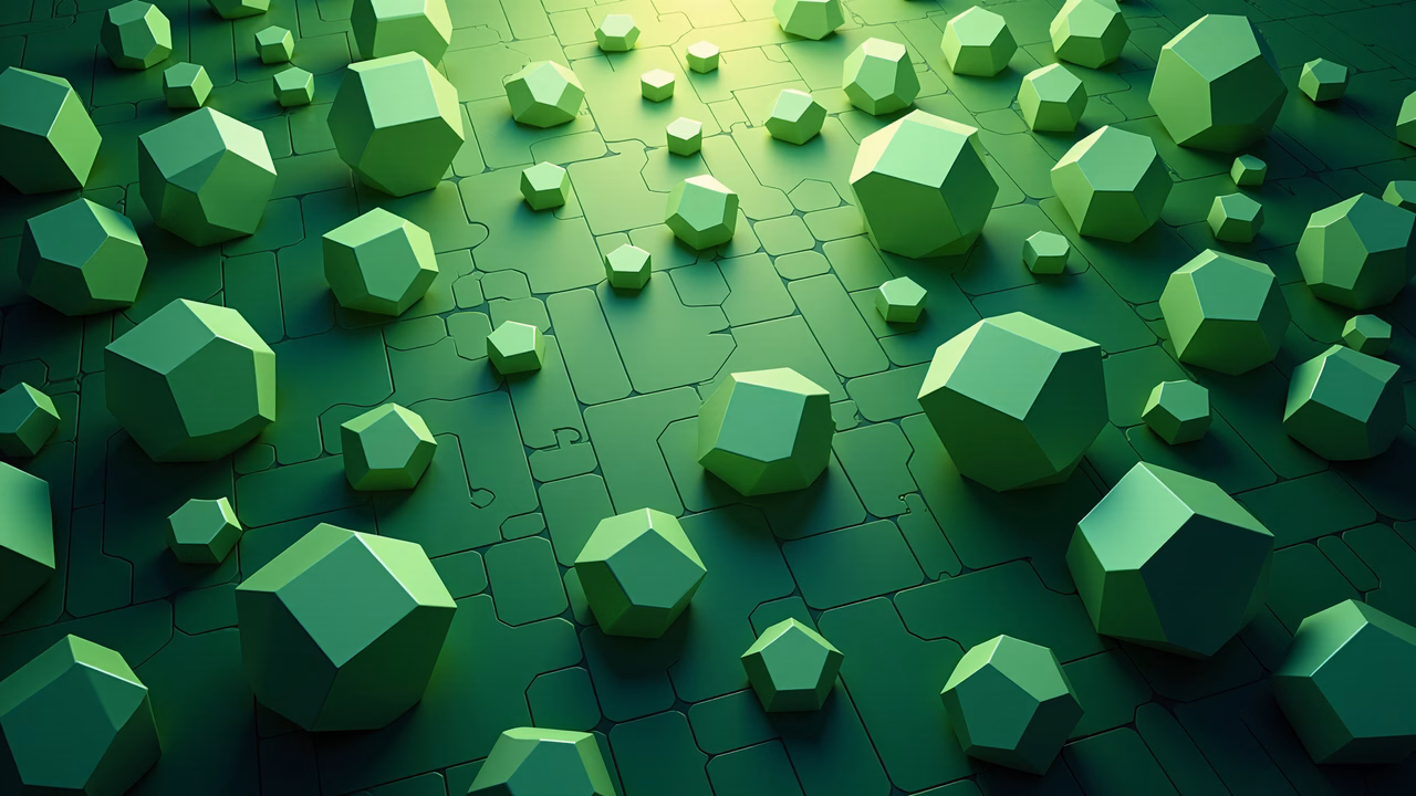 Vibrant green geometric shapes on a textured surface, abstract art