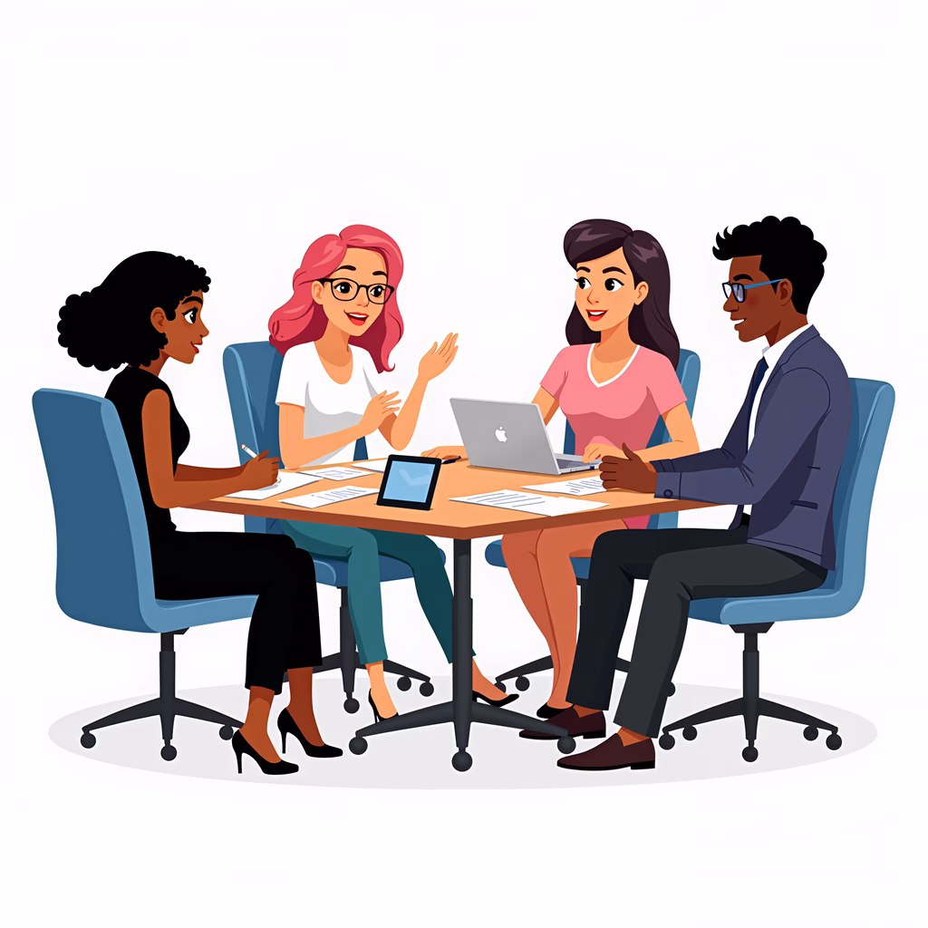 A group of professionals collaboratively discussing ideas in a modern office setting.